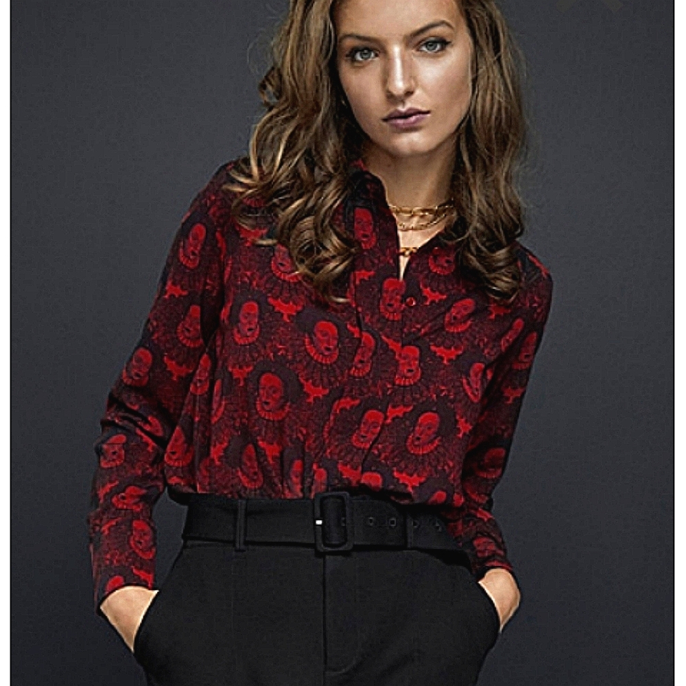 Flowy Button Up Dress Shirt Victorian Queen Printed Recycled Polyester Red